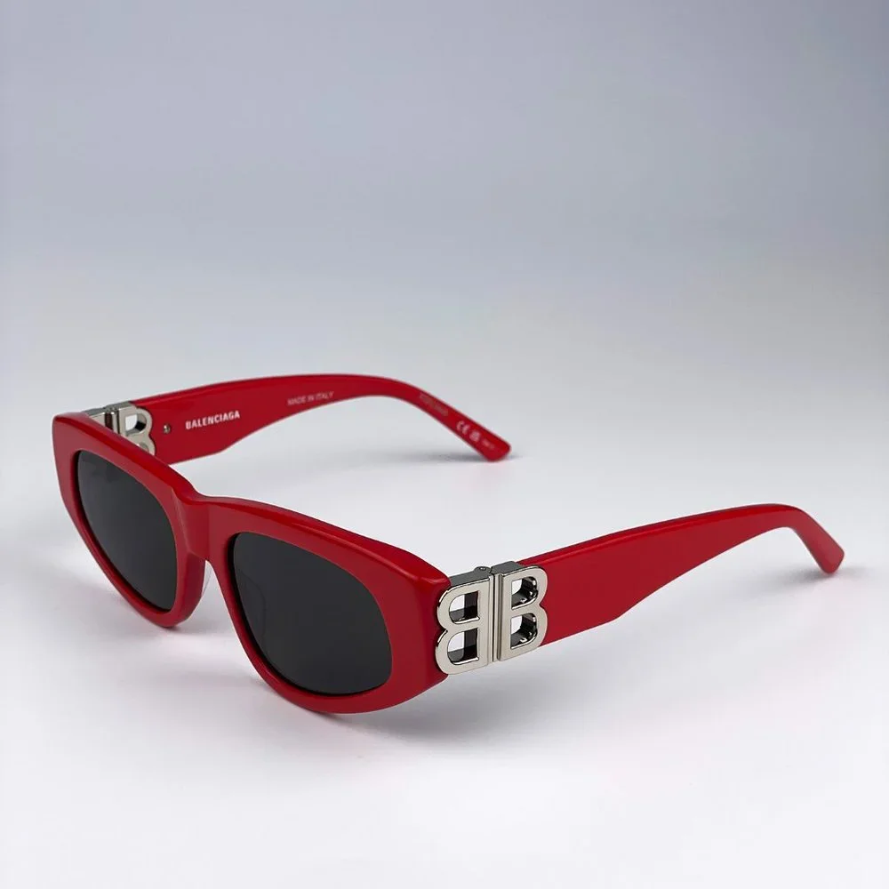 Balenciaga BB0095S 016 BRAND NEW Sunglasses Red Silver Logo Grey Cat Eye Unisex